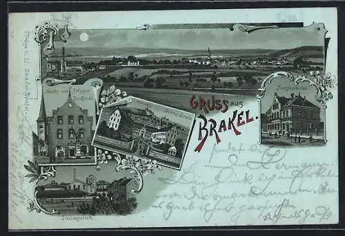 Mondschein-Lithographie Brakel, Zuckerfabrik, Postgebäde, Markt mit Krieger-Denkmal