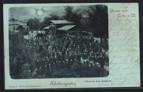 Mondschein-AK Lehe a. W., Gasthaus Schützengarten vis-à-vis dem Bahnhof