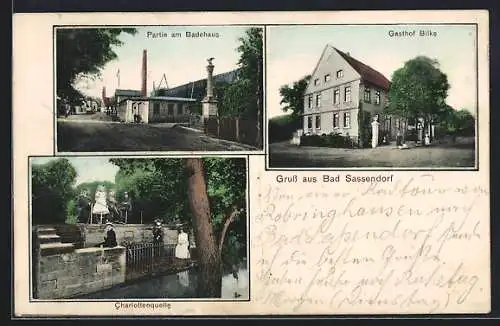 AK Bad Sassendorf, Gasthof Bilke, Badehaus, Charlottenquelle