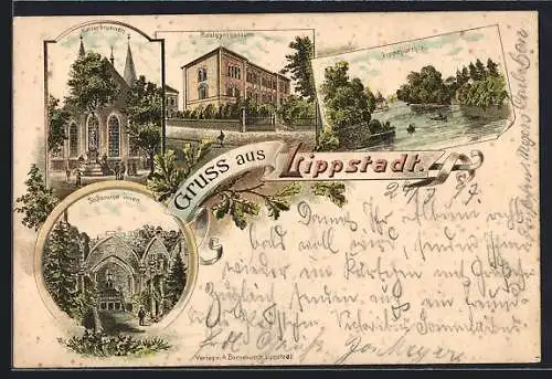 Lithographie Lippstadt, Flusspartie, Realgymnasium, Kaiserbrunnen, Stiftsruine innen