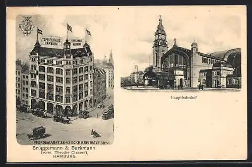 AK Hamburg-St.Georg, Teppichhaus Brüggemann & Barkmann mit Strassenbahn, Hauptbahnhof