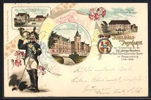 Lithographie Regensburg, Jubiläumspostkarte, Schloss Taxis, Neues fürstl. Palais, Freisinger Hof