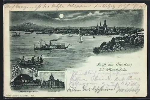 Lithographie Konstanz, Teilansicht, Consiliumgebäude, Reichspost