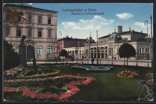 AK Ludwigshafen a. Rhein, Bahnhof und Schillerdenkmal