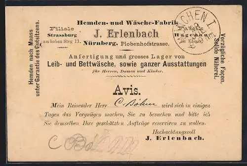 AK Nürnberg, Geschäftskarte der Hemden- und Wäsche-Fabrik J. Erlenbach