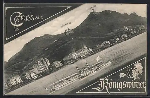 AK Königswinter, Gesamtansicht mit Dampfer und Flusspartie, Drachenburg und Drachenfels