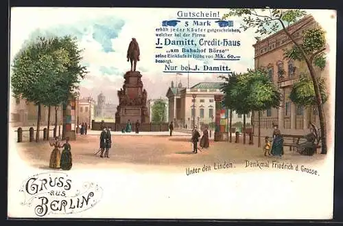 Lithographie Berlin, Unter den Linden mit Denkmal Friedrichs des Grossen