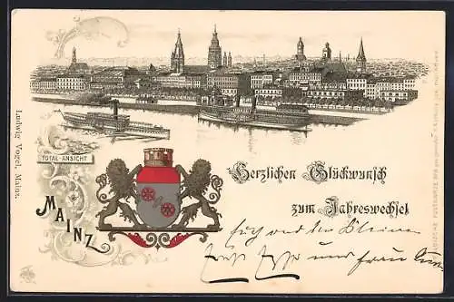 Lithographie Mainz, Totalansicht und Wappen