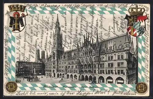 AK München-Au, Marienplatz mit Neues Rathaus, Wappen