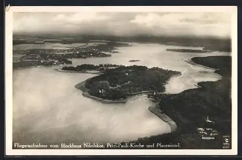 AK Berlin-Wannsee, Blockhaus Nikolskoe, Petri-Pauli-Kirche und Pfaueninsel vom Flugzeug aus