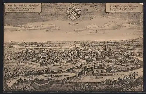 AK Alt-Hanau, Ansicht nach Merian im Jahre 1632