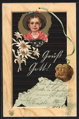 Lithographie Mädchen mit Edelweiss und Schultafel