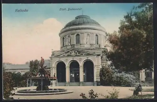 AK Karlsruhe, Städtische Badeanstalt mit Brunnen