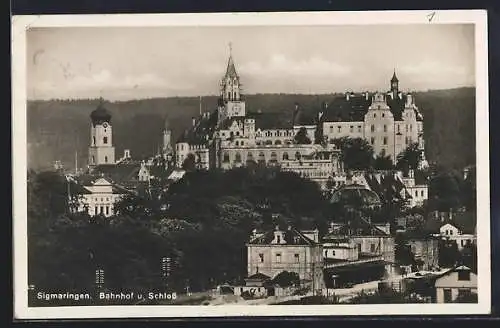 AK Sigmaringen, Blick zum Bahnhof und Schloss