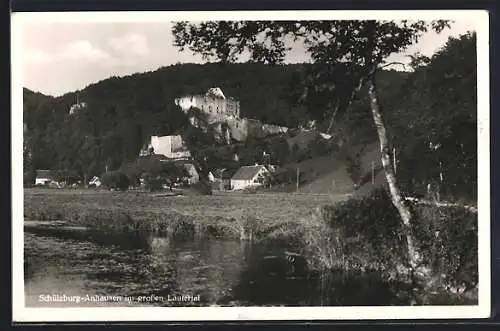 AK Anhausen, Schülzburg im grossen Lautertal, Uferpartie mit Burg