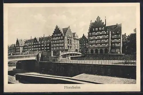 AK Pforzheim, Stadtpanorama mit Brücke