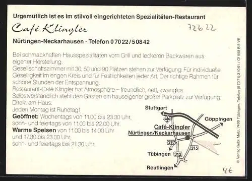 AK Nürtingen /Neckarhausen, Café Klingler mit Innenansicht