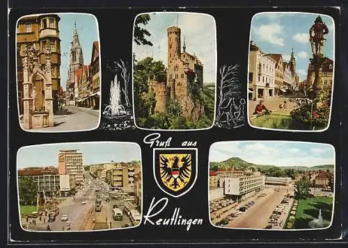 AK Reutlingen, Strassenpartien mit Kirche, Strassenbahn und Autos, Blick auf die Burg