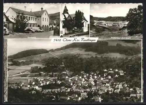 AK Glems /Metzingen, Ortsansicht vom Flugzeug aus, Rathaus, Kirche, Pumpspeicherwerk