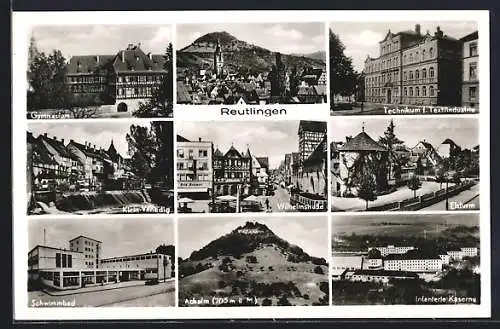 AK Reutlingen, Gymnasium, Kl. Venedig, Schwimmbad, Wilhelmstr., Achalm, Technikum f. Textilindustrie, Elsturm, Kaserne