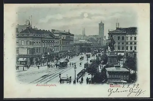 Mondschein-AK Berlin, Alexanderplatz mit Strassenbahnen aus der Vogelschau