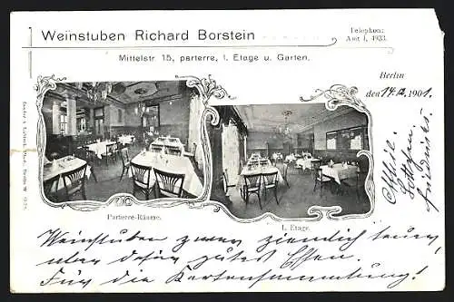 AK Berlin, Gaststätte Weinstuben Richard Borstein, Mittelstr. 15, Innenansichten Parterre u. 1. Etage