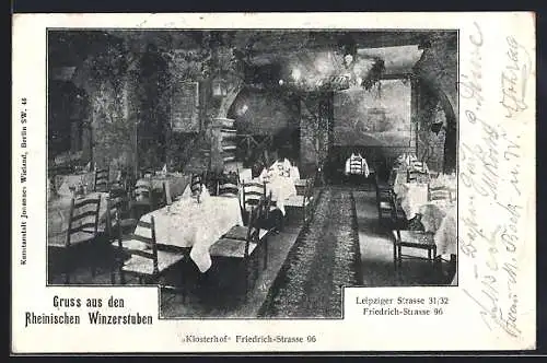 AK Berlin, Gasthaus Rheinische Winzerstuben, Innenansicht Klosterhof Friedrich-Strasse 96