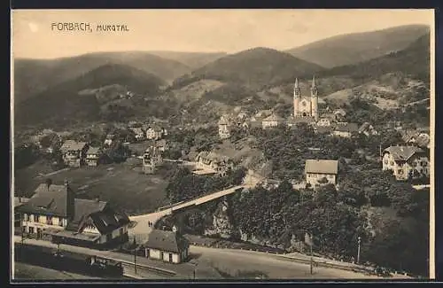 AK Forbach /Murgtal, Bahnhof und Ort mit Bergen aus der Vogelschau