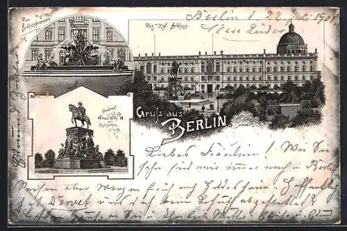 Lithographie Berlin, Kgl. Schloss, Schlossbrunnen, Denkmal Fried. Wilh. III.