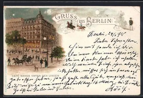 Lithographie Berlin, Cafe Bauer Unter den Linden bei Dämmerung, Reiterin u. Reiter