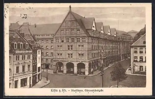 AK Köln a. Rh., Gasthaus Stadthaus Schenke Gürzenichstrasse, mit Kreuzung aus der Vogelschau