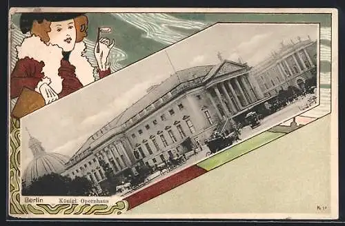 Lithographie Berlin, Kgl. Opernhaus, Panorama im Rahmen, Elegante Dame, Ornamente