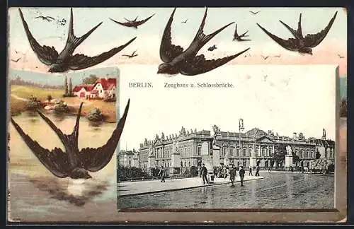 Lithographie Berlin, Zeughaus u. Schlossbrücke, Fliegende Schwalben, Gebäude an einem Bach