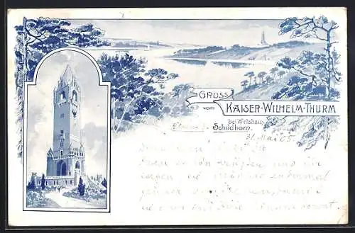 Lithographie Berlin-Grunewald, Kaiser Wilhelm-Thurm bei Gasthaus Schildhorn