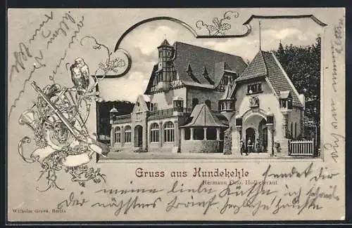 AK Berlin-Grunewald, Hundekehle, Gasthaus von Hermann Otto, Passepartout mit Flinte und Jagdhorn