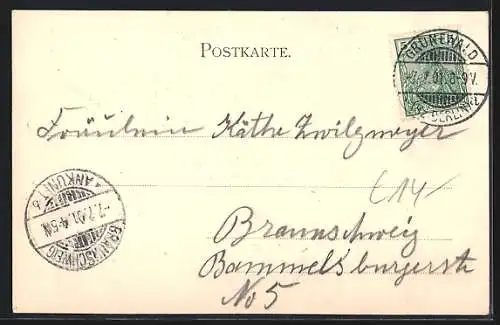 AK Berlin-Grunewald, Hundekehle, Gasthaus von Hermann Otto, Passepartout mit Flinte und Jagdhorn