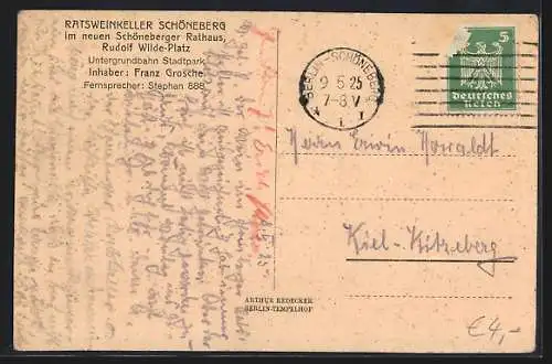 AK Berlin-Schöneberg, Gasthaus Ratsweinkeller im neuen Rathaus, U-Bahn Stadtpark