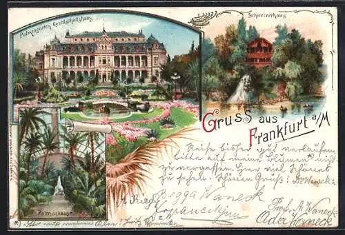 Lithographie Frankfurt-Westend, Palmengarten Gesellschaftshaus und Schweizerhaus