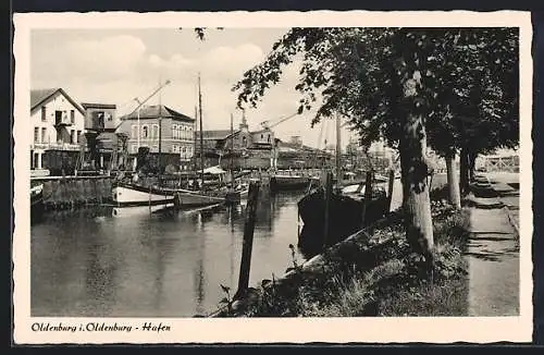 AK Oldenburg i. Oldenburg, Hafen mit Kränen