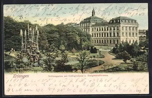 AK Erlangen, Schlossgarten mit Collegienhaus und Emigrantenbrunnen