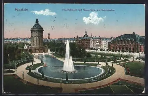 AK Mannheim, Friedrichsplatz mit Wasserturm und Rosengarten von einer Anhöhe aus gesehen