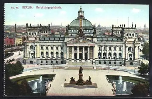 AK Berlin-Tiergarten, Reichstagsgebäude mit Denkmal