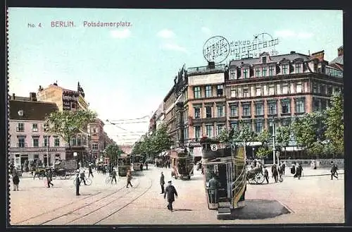 AK Berlin-Tiergarten, Potsdamer Platz mit Strassenbahnen