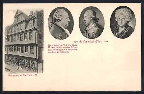 AK Portrait Dichter Johann Wolfgang von Goethe und seine Eltern, Goethehaus zu Frankfurt a. M.