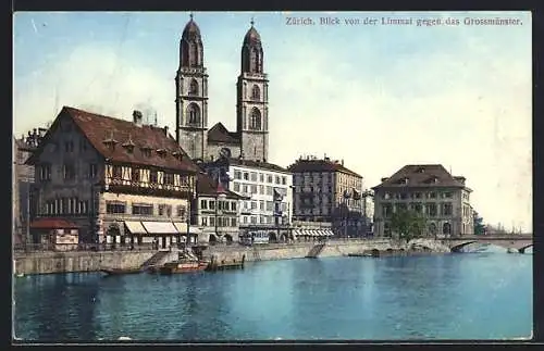 AK Zürich, Blick von der Limmat gegen das Grossmünster