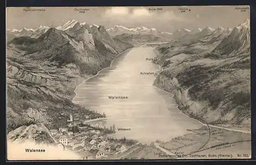 AK Walensee, Ortsansicht am Wasser mit Bergpanorama