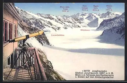 AK Jungfraujoch, Blick von der Restaurant-Terrasse auf den Aletschgletscher