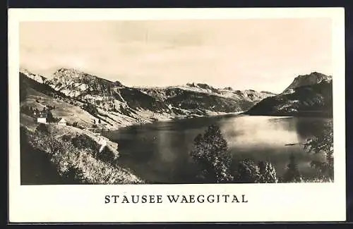 AK Innertal /Wäggital, Gasthaus Stausee, Panorama mit Stausee