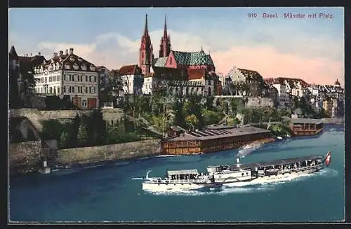 AK Basel, Münster mit Pfalz, Dampfer auf dem Rhein