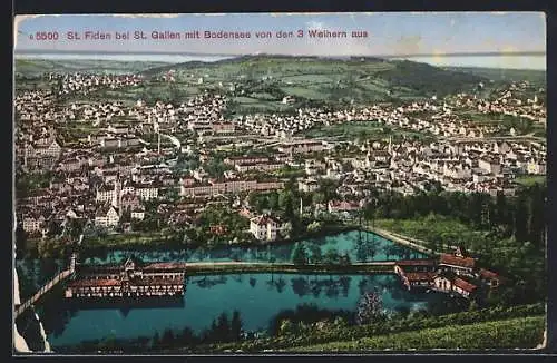 AK St. Fiden bei St. Gallen, Panorama mit Bodensee von den 3 Weihern aus